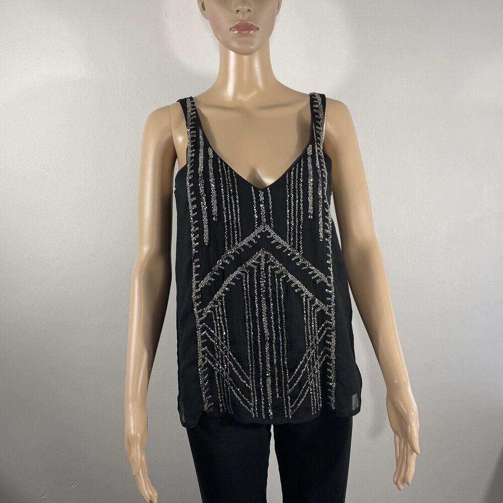Velvet by Graham & Spenser Womens Sleeveless Black Chiffon Beaded Tank Top Sz XS